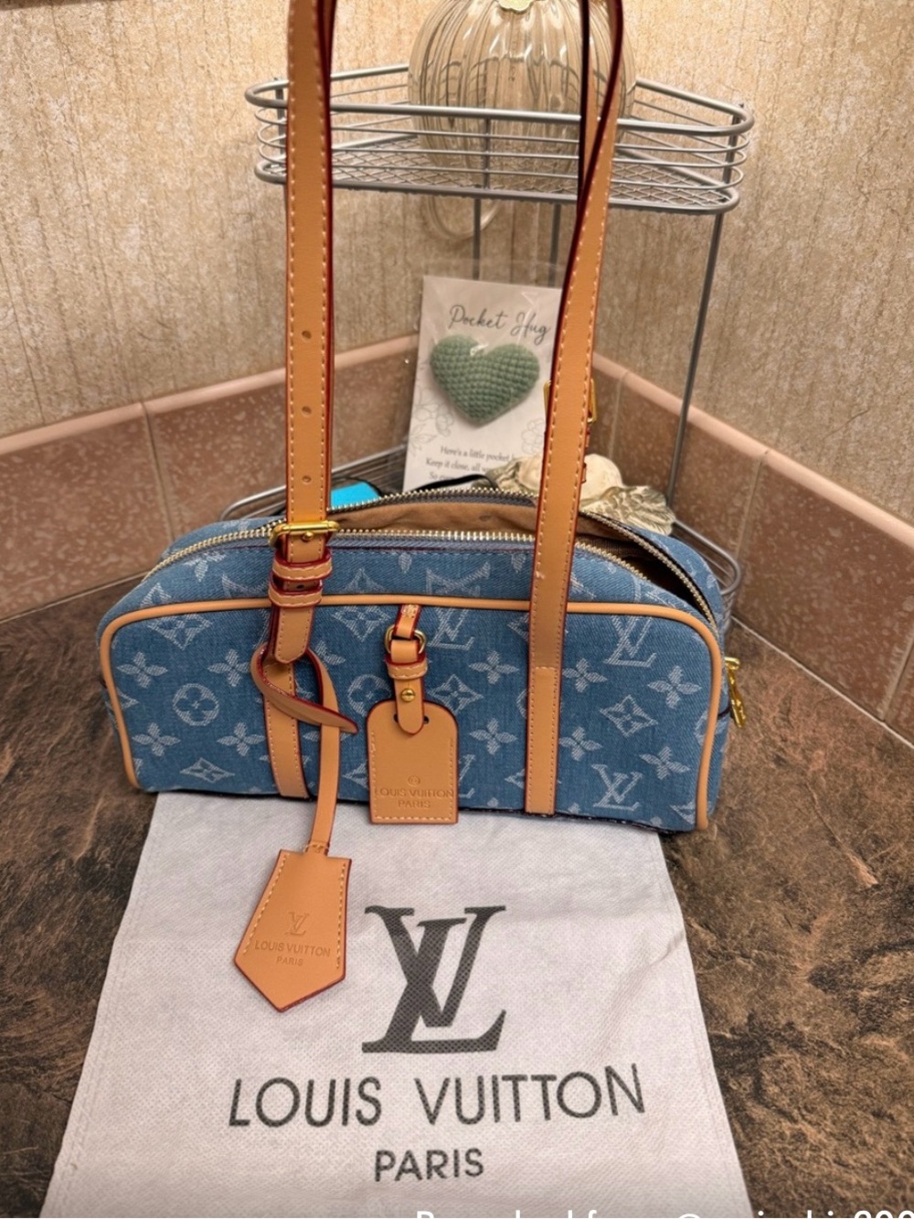 Blue Monogram Denim Shoulder Bag with Tan Trim